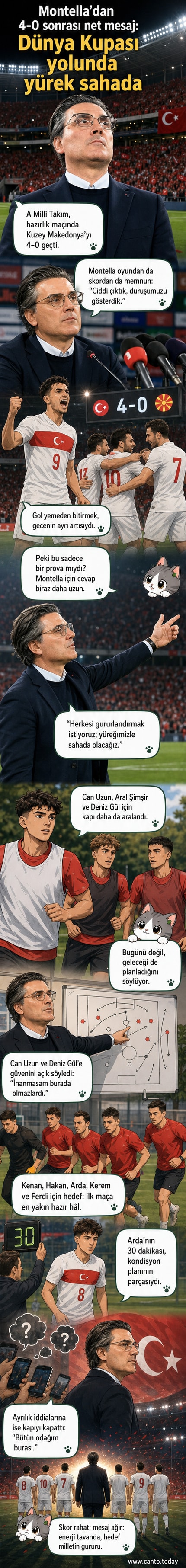 Millî takım teknik direktörü Vincenzo Montella, sahada elini havaya kaldırırken, arkada bayraklar dalgalanıyor.