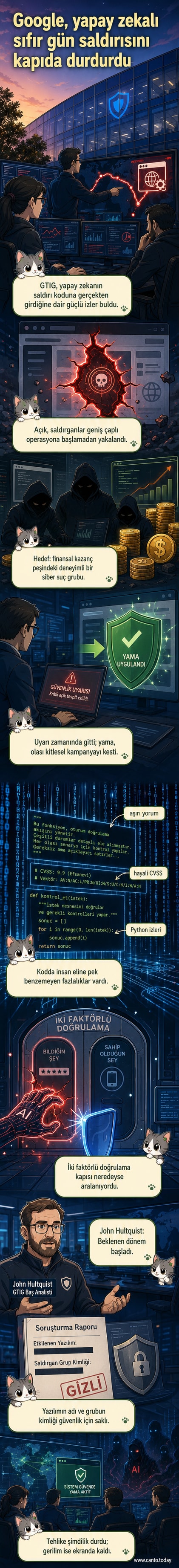 Google logosu önünde bir bilgisayar ekranında yapay zekâ destekli siber saldırı uyarısı gösteren görsel