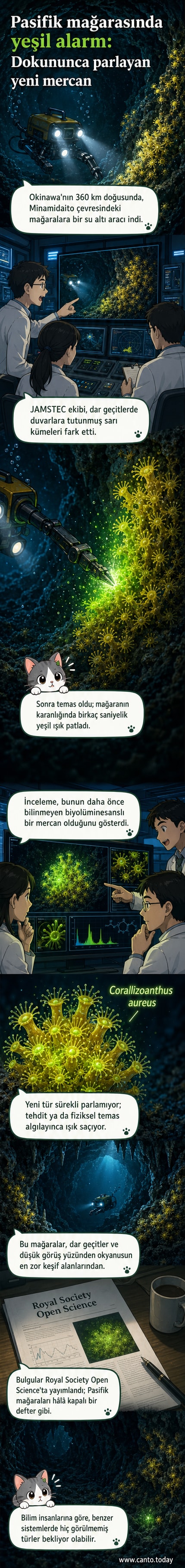 Derin deniz mağarasında sarımsı bir yapıya tutunmuş küçük canlı kümeleri, dokunulduğunda çevreye yeşil ışık yayıyor.
