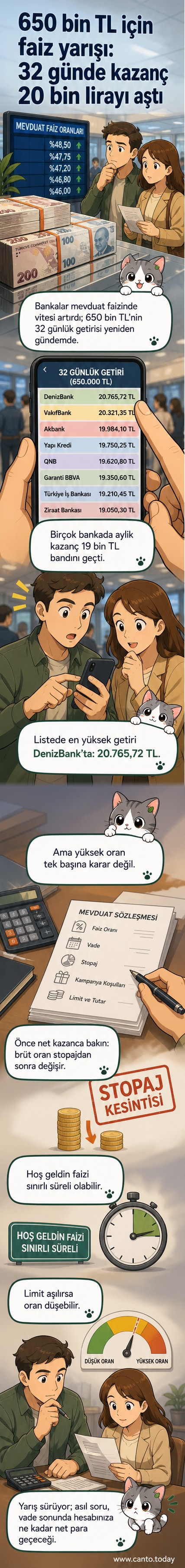 Bir el fonesiyle banka faiz oranlarını karşılaştıran bir kişi, ekranında 650 bin TL mevduatın 32 günde sağladığı getirileri gösteren bir tablo var.