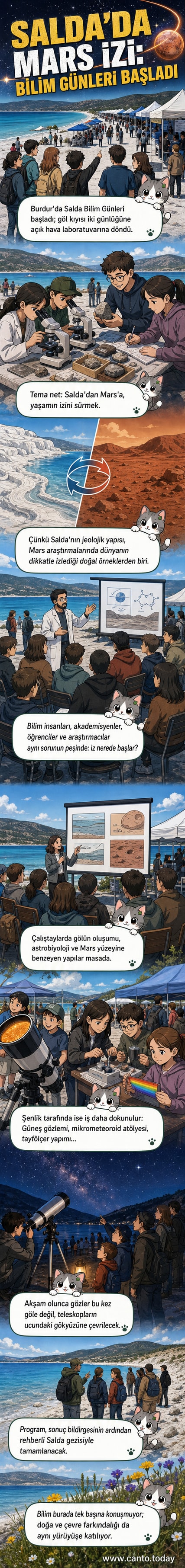 Salda Gölü'nün turkuaz suları önünde bilim insanları ve katılımcılar, Mars benzeri jeolojik yapılar üzerine tartışıyor.