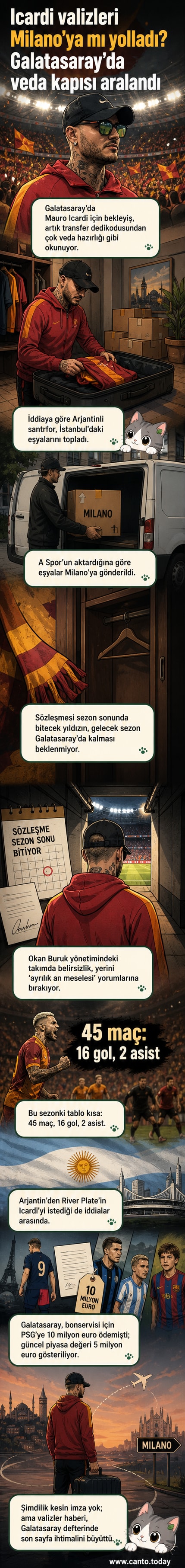 Galatasaray forması giyen Mauro Icardi, eşyalarını toplarken, arka planda İstanbul manzarası.