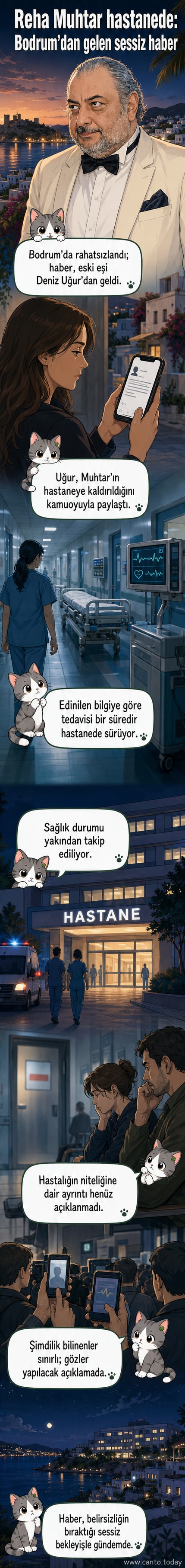 Reha Muhtar'ın hastaneye kaldırıldığı haberiyle ilgili bir webtoon paneli, arka planda bir hastane ve mikrofonlar görülüyor.