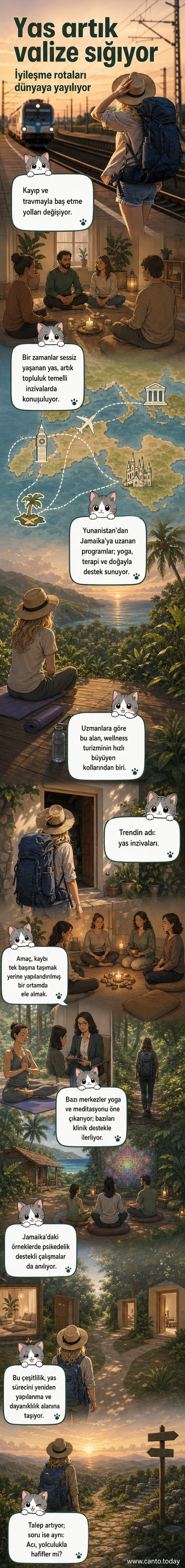 Doğal bir ortamda meditasyon yapan bir grup insan, yas inzivalarında duygusal iyileşme süreci temsil ediliyor.