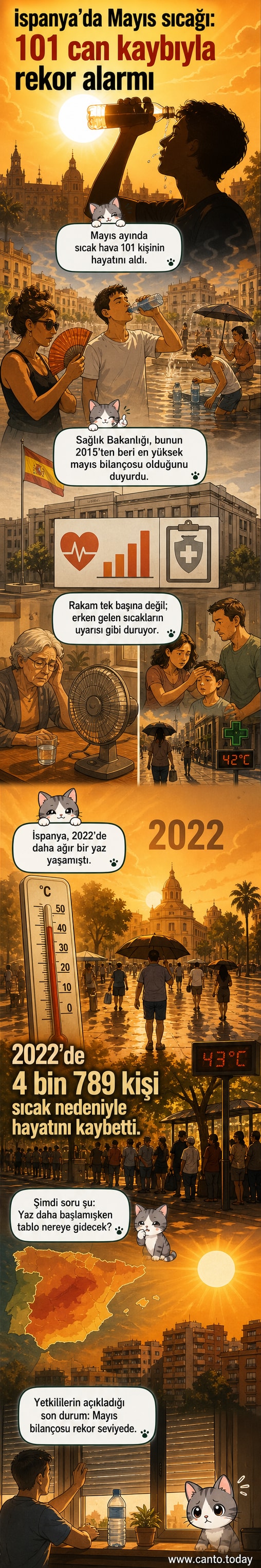İspanya haritası üzerinde sıcaklık dalgası simgesiyle birlikte, '101 kişi hayatını kaybetti' yazısı yer alıyor.