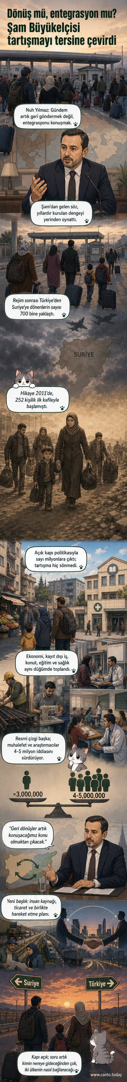 Türkiye'nin Şam Büyükelçisi Nuh Yılmaz, Suriyelilerin entegrasyonu üzerine bir açıklama yapıyor, arka planda Türkiye ve Suriye bayrakları yer alıyor.