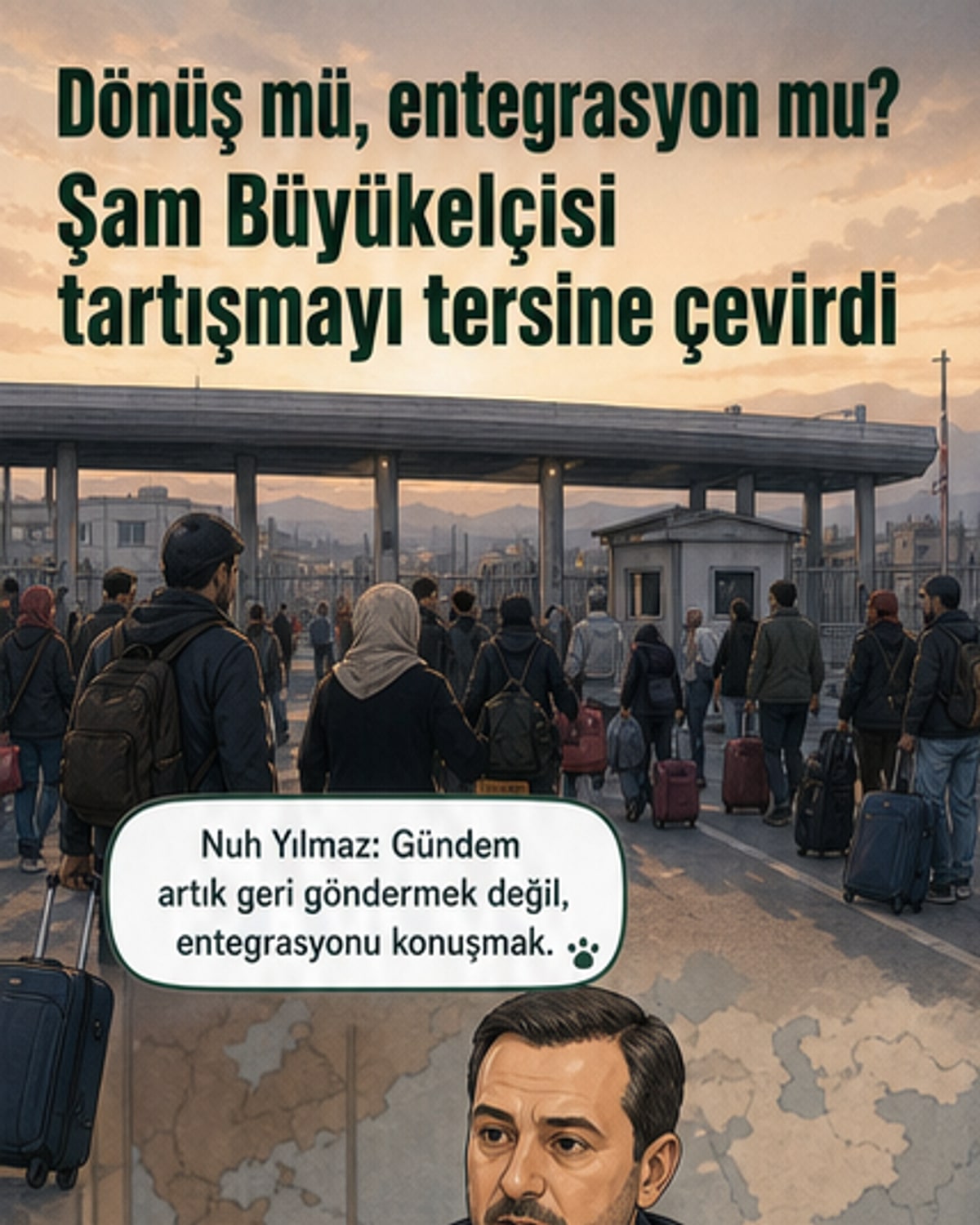 Türkiye'nin Şam Büyükelçisi Nuh Yılmaz, Suriyelilerin entegrasyonu üzerine bir açıklama yapıyor, arka planda Türkiye ve Suriye bayrakları yer alıyor.