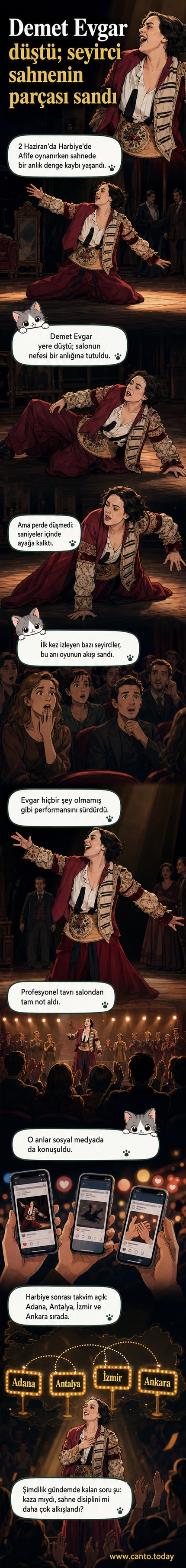 Demet Evgar, sahnede dengesini kaybederken anlatan bir çizim. Arkada tiyatro perdeleri ve ışıklar var.