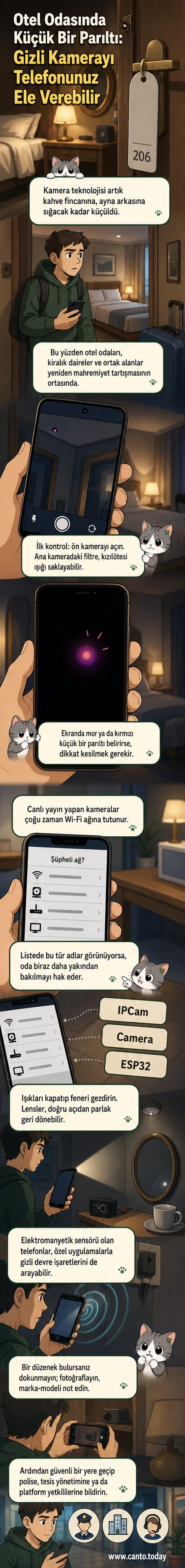 Bir el telefonla bir odanın köşesini tarıyor, arka planda bir ayna ve kahve fincanı görünüyor; gizli kamera olabilecek noktaları işaret ediyor.