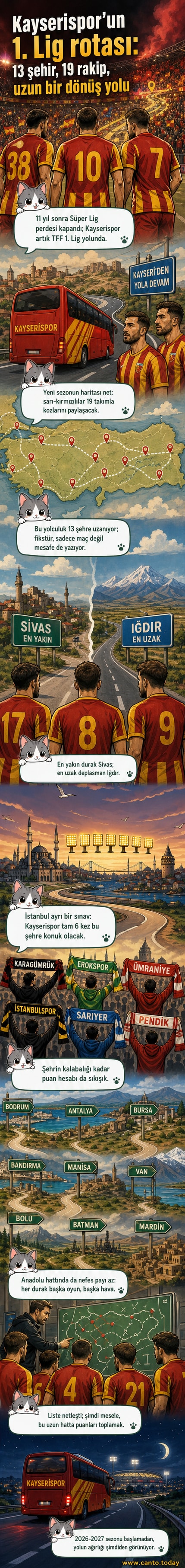 Kayserispor futbolcuları sahada topla birlikte, arka planda 1. Lig takımlarının amblemleri yer alıyor.