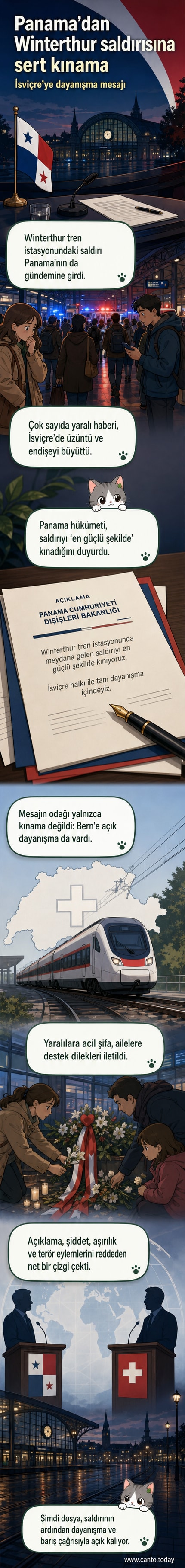 Panama ve İsviçre bayraklarının hafifçe birleştiği arka planda, bir tren istasyonu silüeti yer alıyor. Üstte 'Panama, İsviçre'ye Dayanışma' yazısı var.