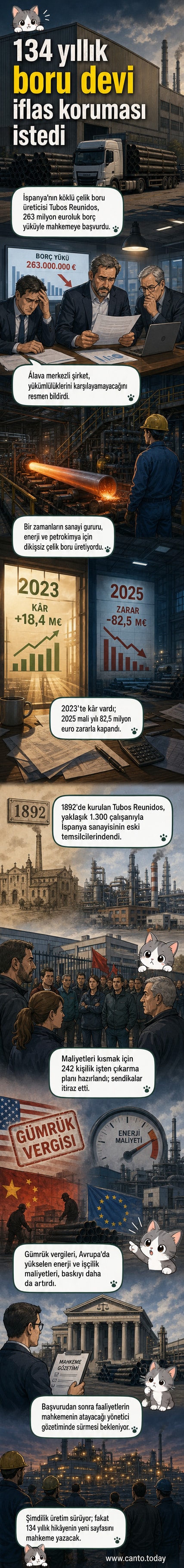 134 yıllık İspanyol çelik şirketi Tubos Reunidos'un iflas sürecini anlatan bir webtoon kapak paneli, fabrika binaları ve iflas haberini gösteren bir gazete manşetiyle birlikte.