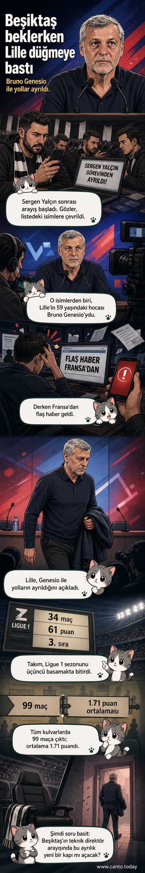 Lille forması giyen futbolcuların önünde duran 59 yaşındaki teknik direktör Bruno Genesio, sahada el sallıyor.
