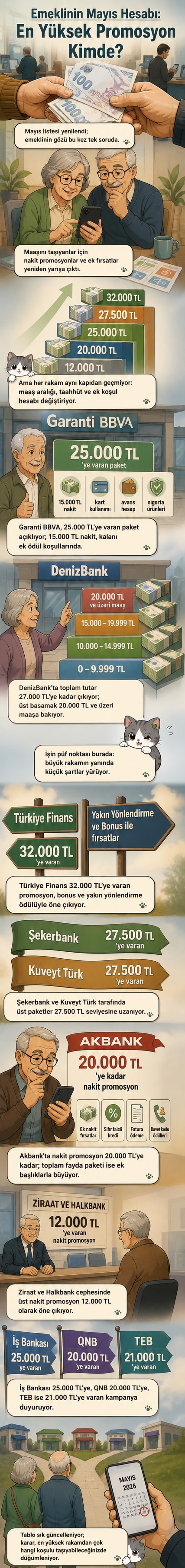 Bir dizi bankanın emekli promosyon ödeme tutarlarını gösteren karşılaştırmalı görsel, Mayıs 2026 verileriyle güncellenmiş.