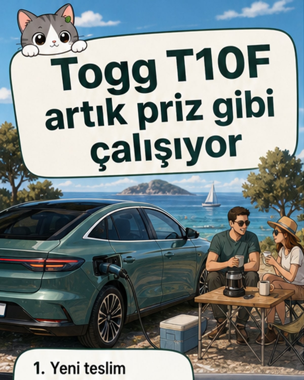 TOGG T10F aracının dışından çıkan bir kabloda elektrik prizi görünüyor, arka planda piknik sahnesi