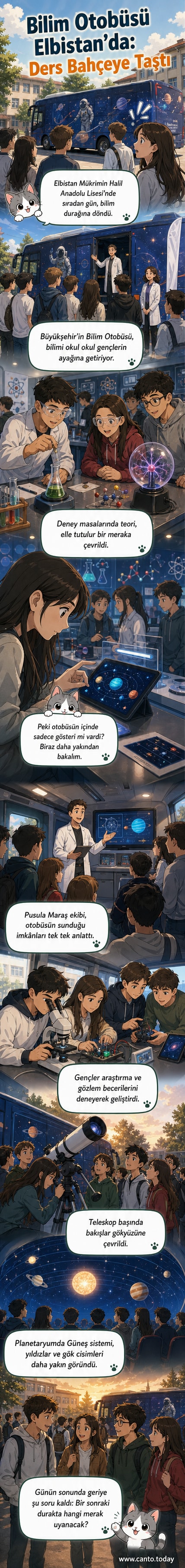 Elbistan Mükrimin Halil Anadolu Lisesi bahçesinde park halindeki Bilim Otobüsü'nün önünde öğrenciler, teleskop ve planetaryum etkinliklerine katılan gençlerin yüzlerindeki heyecan görülüyor.