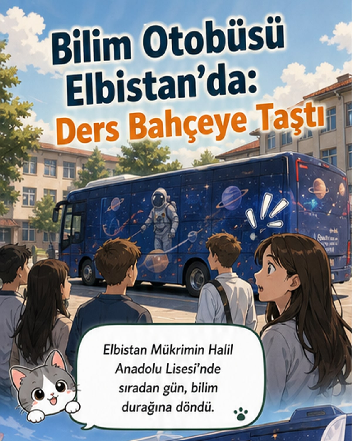 Elbistan Mükrimin Halil Anadolu Lisesi bahçesinde park halindeki Bilim Otobüsü'nün önünde öğrenciler, teleskop ve planetaryum etkinliklerine katılan gençlerin yüzlerindeki heyecan görülüyor.