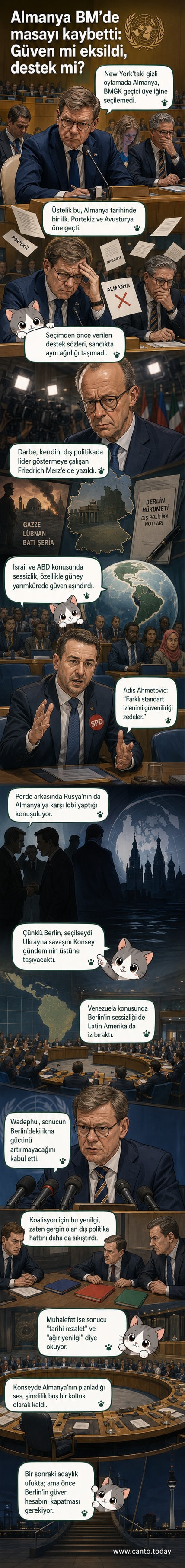 BM binasının önünde duran Alman bayrağı, arka planda ise kararmış bir oylama sandığı. Görsel, Almanya'nın BM Güvenlik Konseyi'ne seçilememesini sembolize ediyor.