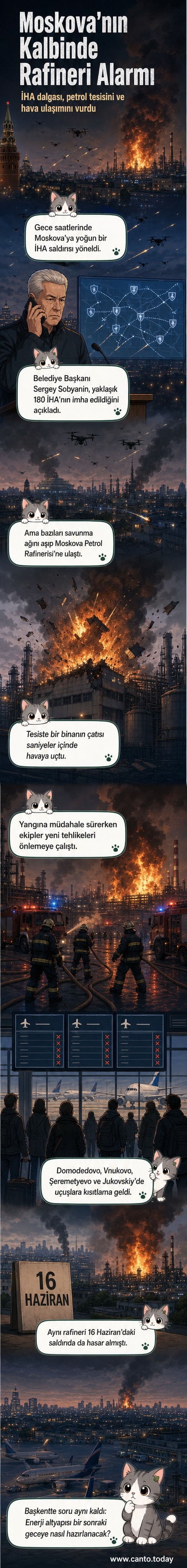 Moskova Petrol Rafinerisi'nde büyük bir patlama sonrası gökyüzüne yükselen dumanlar ve hasar gören bina