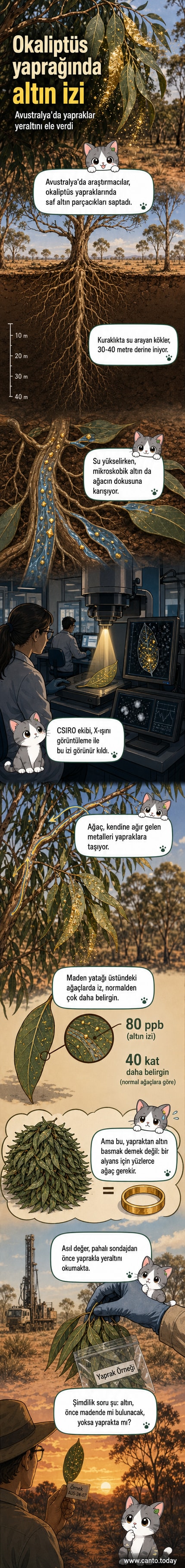 Okaliptüs ağacının yaprağında mikroskobik altın parçacıkları gösteren bilimsel bir görsel