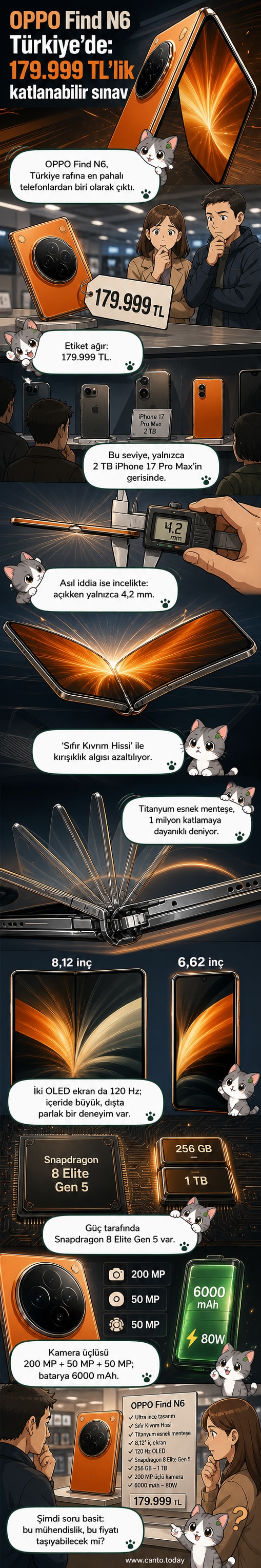 OPPO Find N6 katlanabilir akıllı telefon, açık ve kapalı pozisyonda, ince tasarım vurgusuyla