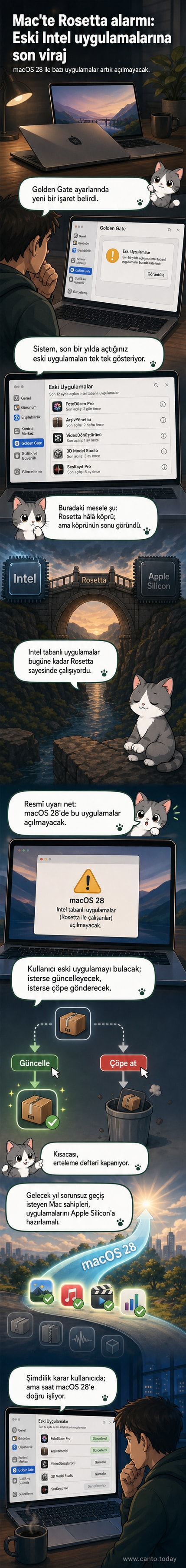 Apple logosu önünde duran bir Mac bilgisayar, ekranında Intel tabanlı uygulamaların kapatılacağı uyarısı görünüyor.