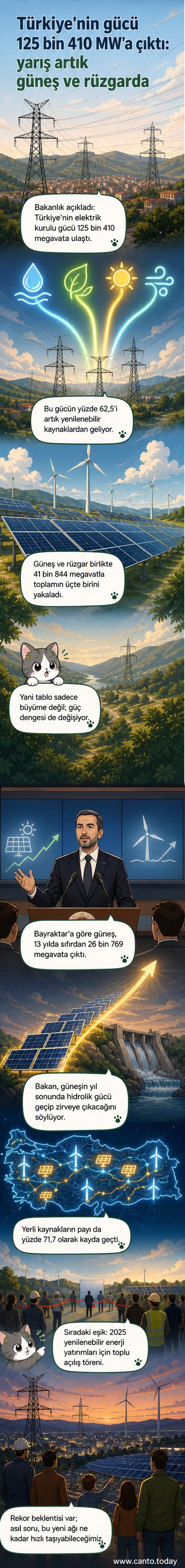 Türkiye haritası üzerinde güneş ve rüzgar simgeleriyle gösterilen yenilenebilir enerji santralleri. Toplam kurulu güç 125 bin 410 megavat, bunun üçte biri güneş ve rüzgardan oluşuyor.