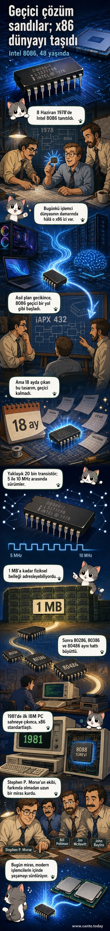 1978 yapımı Intel 8086 işlemcisinin üst ve alt görünüşleri, devre detayları ile birlikte gösteriliyor
