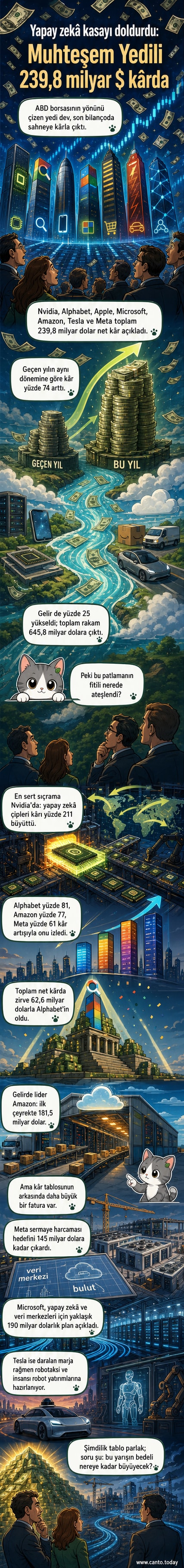 Muhteşem Yedili teknoloji şirketlerinin kâr ve gelir karşılaştırması, yapay zekâ yatırımları vurgulu