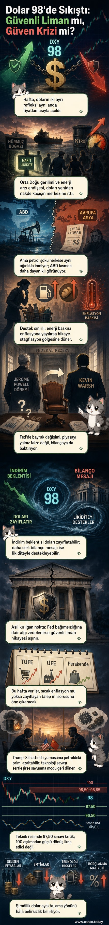 Dolar endeksi grafik üzerinde 98 seviyesinde dalgalanırken, arka planda Orta Doğu gerilimi, Fed binası ve ABD-Çin görüşmeleri simgeleri yer alıyor.