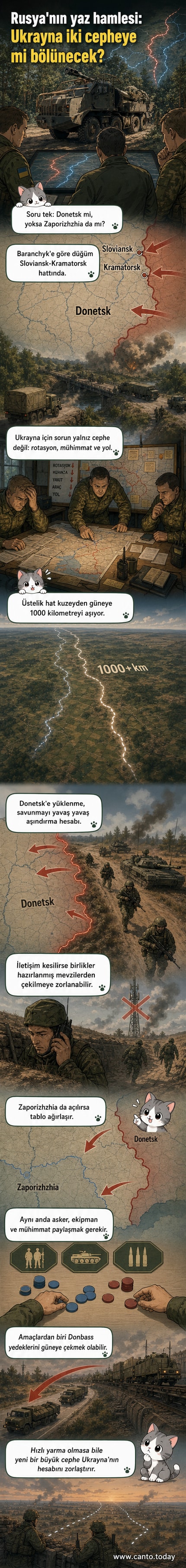 Donetsk ve Zaporijya bölgelerini gösteren harita üzerinde Rus ve Ukrayna kuvvetlerinin pozisyonları ile cephe hatları vurgulanıyor.