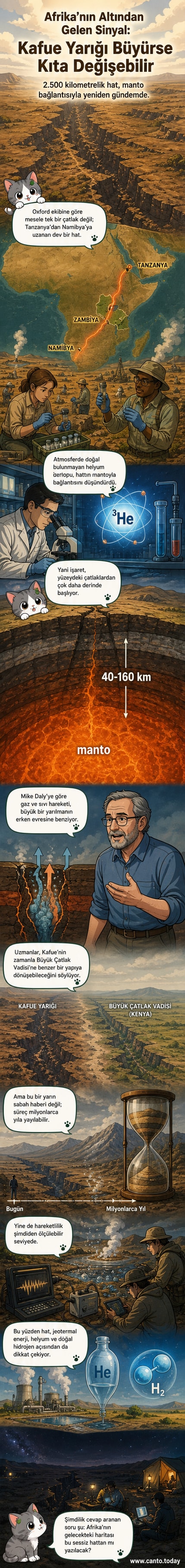 Afrika kıtasının altında uzanan 2500 km'lik Kafue Yarığı'nın jeolojik yapısını gösteren görsel. Kırmızı çizgiler, manto tabakasıyla bağlantı kuran yarık hattını işaret ediyor.