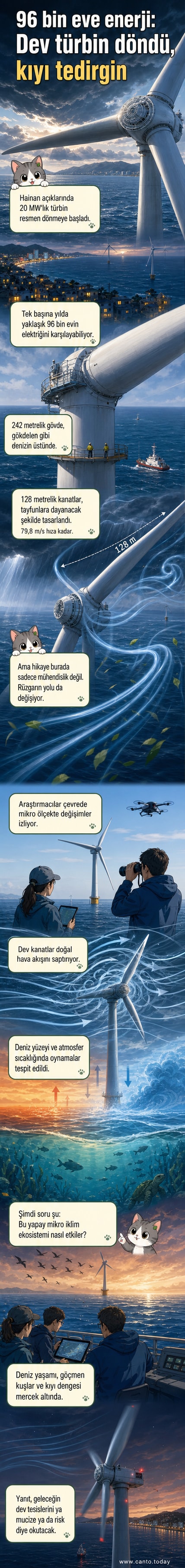 Hainan açıklarında deniz üzerinde yükselen dev rüzgar türbini, etrafında hava akımlarının bozulduğu bir atmosferik görüntüyle birlikte gösteriliyor.
