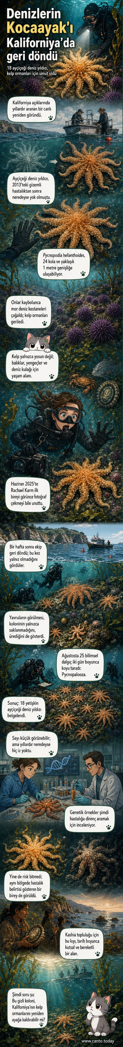 Kaliforniya kıyılarında bulunan, 24 kola sahip renkli bir ayçiçeği deniz yıldızı, kelp ormanı üzerinde yüzmekte.