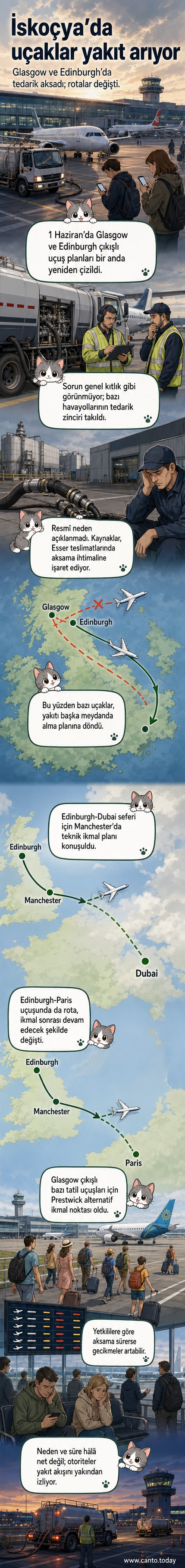 İskoçya haritası üzerinde Glasgow ve Edinburgh havalimanları işaretli, uçuş rotaları kırmızı çizgilerle gösteriliyor, bazı uçaklar Manchester yönünde sapmış rotalarla çizilmiş.