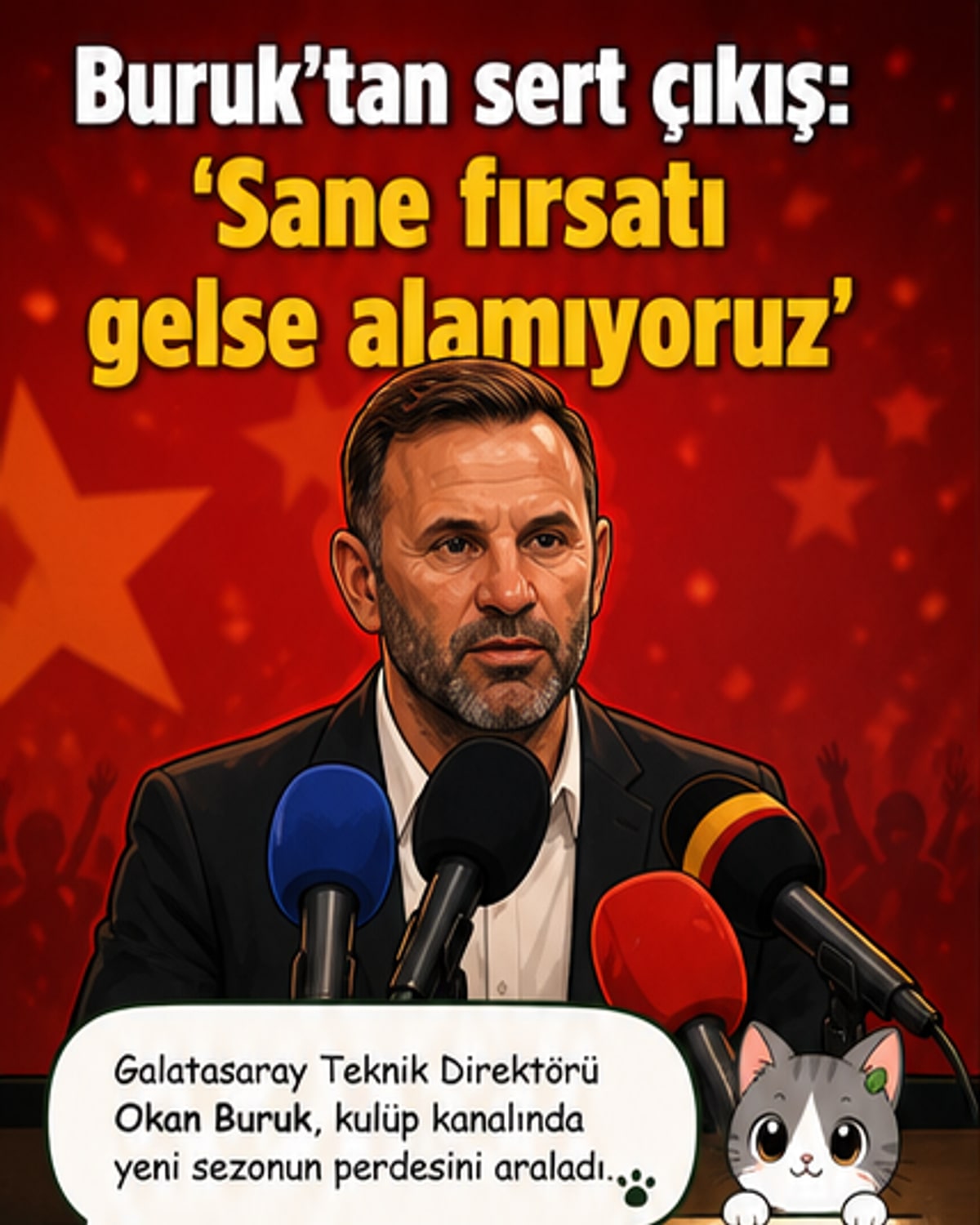 Galatasaray Teknik Direktörü Okan Buruk, yabancı oyuncu kuralına karşı çıkarken bir stadyumun önünde konuşuyor.