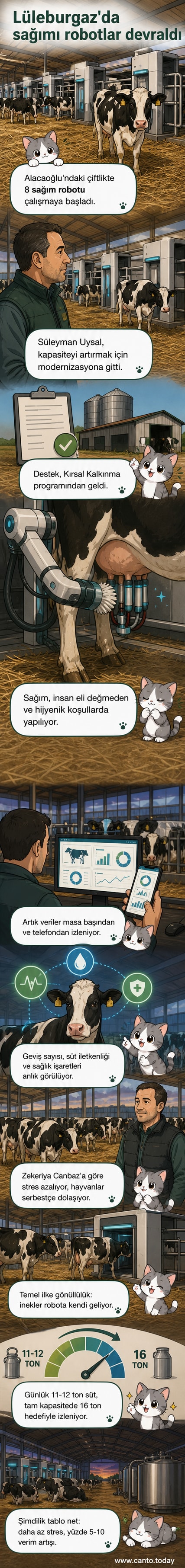 Bir inek, otomatik süt sağım robotuna yaklaşırken. Arka planda modern bir ahır ve dijital ekranlar görünüyor.