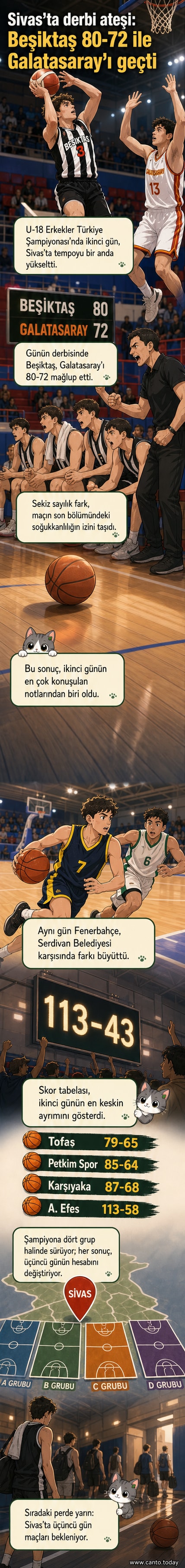 U-18 erkekler basketbol şampiyonasında Beşiktaş ve Galatasaray oyuncuları mücadele ediyor, seyirci tribünlerde coşku dolu anlar yaşanıyor.