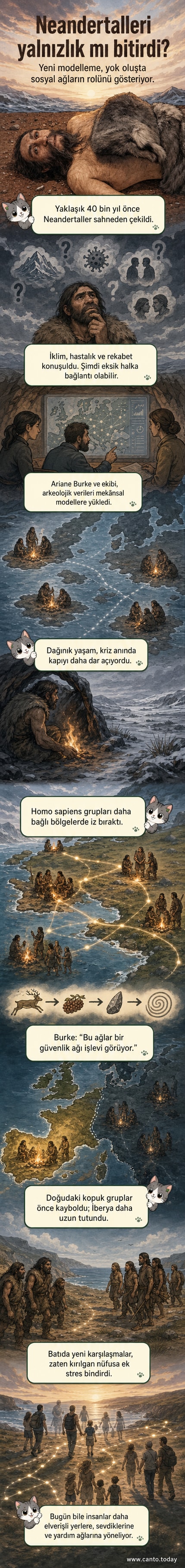 Neandertallerin izole mağara yaşamı ile Homo sapiens'in geniş sosyal ağları arasındaki karşılaştırmayı gösteren bir sahne