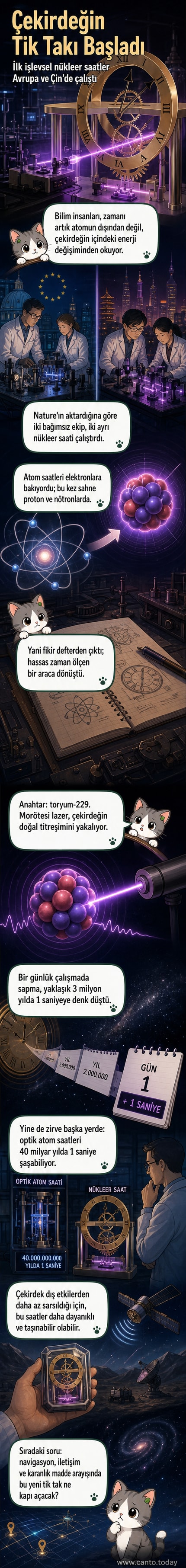 İki laboratuvarda çalışan bilim insanları, toryum-229 izotopunu kullanarak nükleer saatler geliştiriyor. Arkada atomik yapı ve lazer ışınları simgesel olarak gösteriliyor.