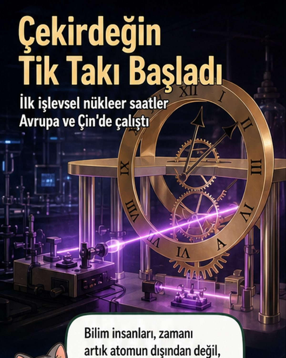 İki laboratuvarda çalışan bilim insanları, toryum-229 izotopunu kullanarak nükleer saatler geliştiriyor. Arkada atomik yapı ve lazer ışınları simgesel olarak gösteriliyor.