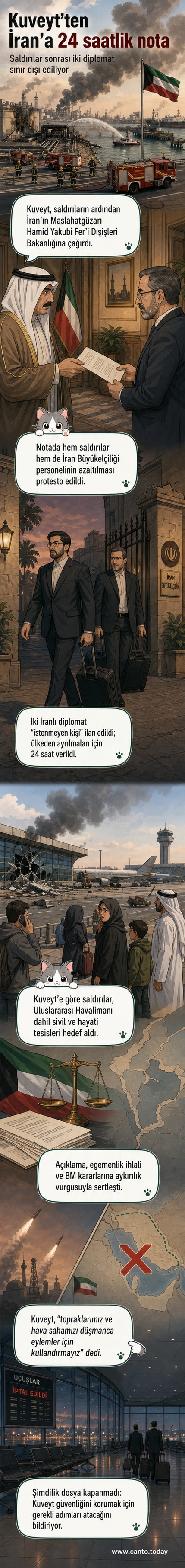 Kuveyt ve İran bayraklarının arka planda olduğu, ön planda bir diplomatik görüşme sahnesi betimlenen görsel