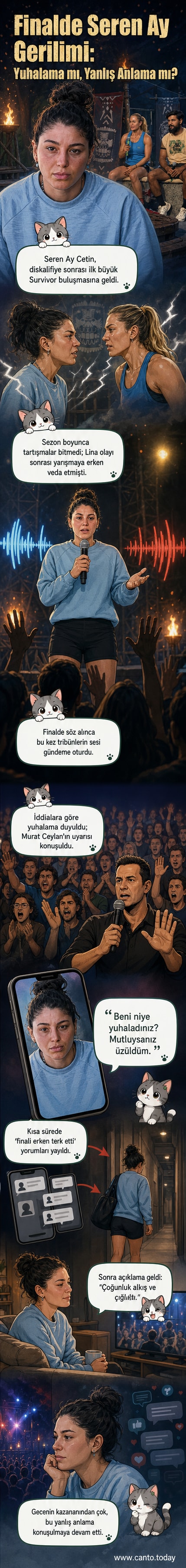 Survivor final sahnesinde mikrofonla sahneye bakan Seren Ay Çetin, arkada kalabalık tribünler görünüyor.