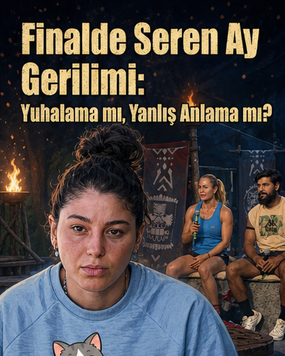 Survivor final sahnesinde mikrofonla sahneye bakan Seren Ay Çetin, arkada kalabalık tribünler görünüyor.