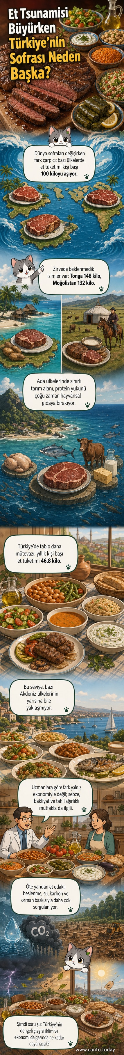Dünya haritası üzerinde et tüketimi yüksek olan ülkeler kırmızı, düşük olanlar yeşil tonlarıyla gösteriliyor. Türkiye yeşil alanda yer alıyor.