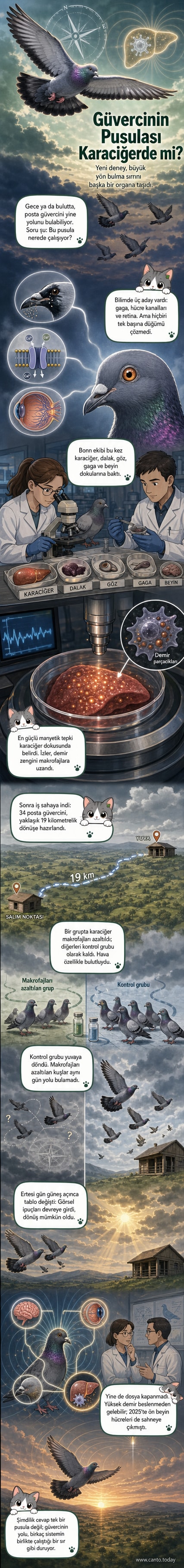 Bir posta güvercini, gökyüzünde uçarken Dünya'nın manyetik alanını algılayan bir karaciğer simgesiyle gösteriliyor.