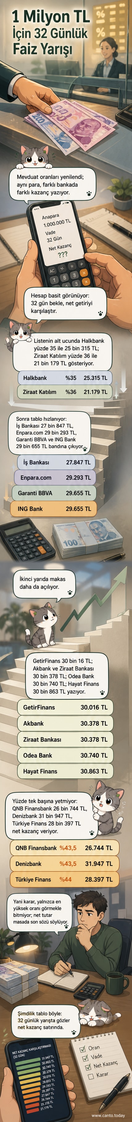 Bir el, 1 milyon TL mevduatın 32 gün içinde farklı bankalarda nasıl farklı kazanç sağladığını gösteren bir tabloya işaret ediyor.