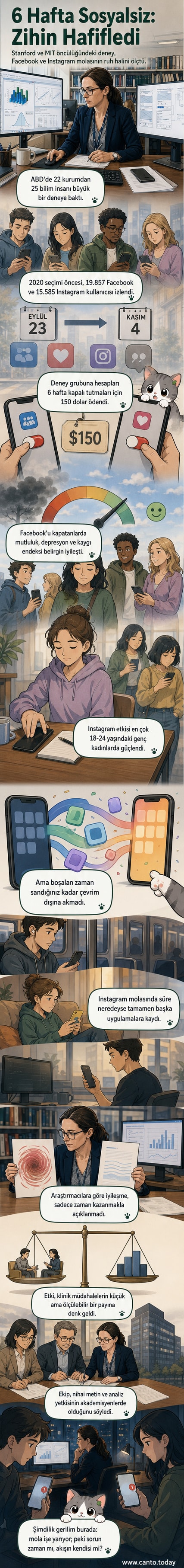 Bir el telefonu bırakırken, diğer eliyle güneşli bir parka doğru uzanıyor. Arkada sosyal medya simgeleri soluk ve uzak.