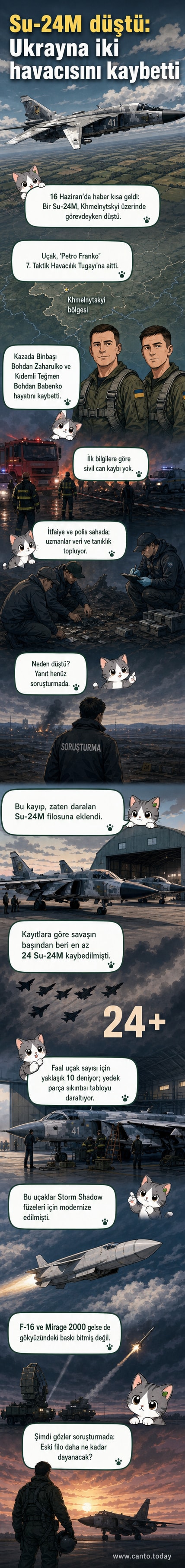 Karartılı bir arka planda, enkaz içinde yanmakta olan bir Su-24M savaş uçağı ve etrafa saçılmış enkaz parçaları görülüyor. Uçak Khmelnytskyi bölgesinde düştü.