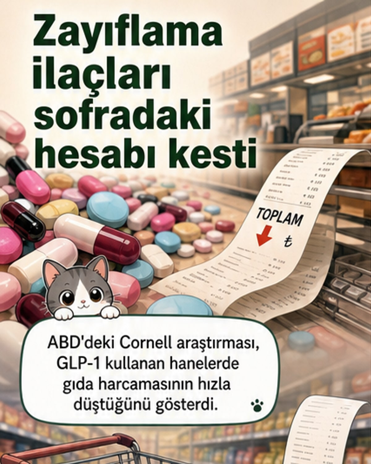Bir eczacı raftan Ozempic ve Wegovy gibi GLP-1 ilaçları alırken, arka planda fast-food restoranları ve atıştırmalık raflarının boş olduğu bir market sahnesi.